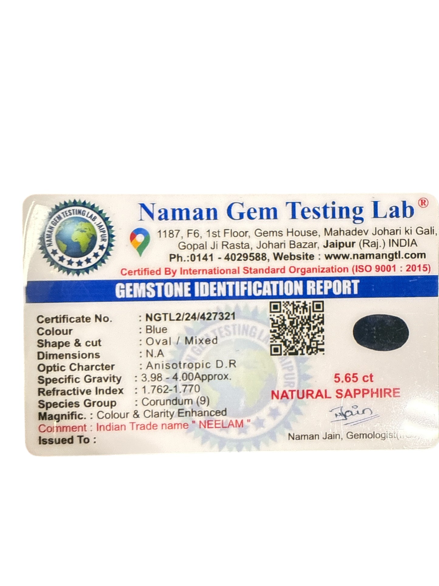 Natural Sapphire (Blue) pendant with silver 5.65 CT Oval Cut