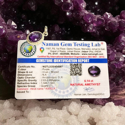 Natural Amethyst Pendant Oval shape with Silver (6.12 Ct) N385