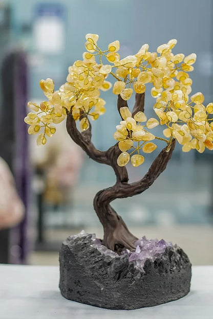 Handmade  Citrine Gemstone Tree w/ Amethyst Cluster base, 14" tall, 36 branches ( Free Shipping )
