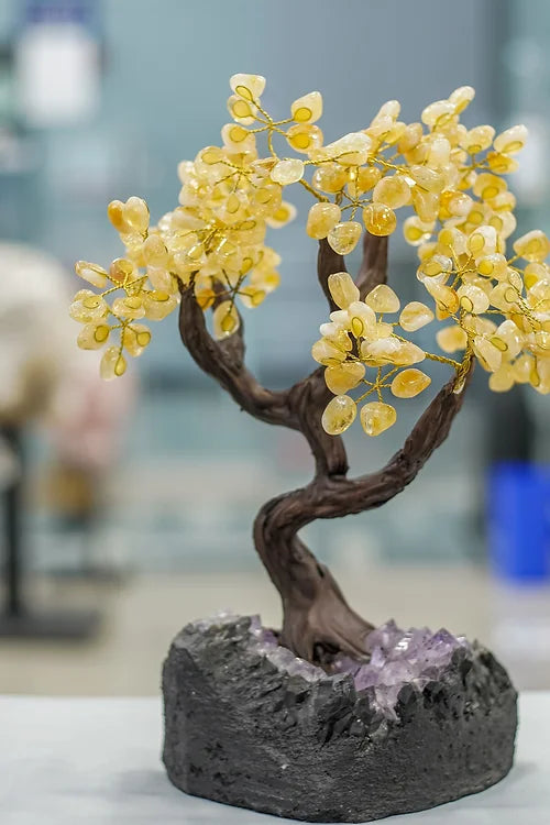 Handmade  Citrine Gemstone Tree w/ Amethyst Cluster base, 14" tall, 36 branches ( Free Shipping )