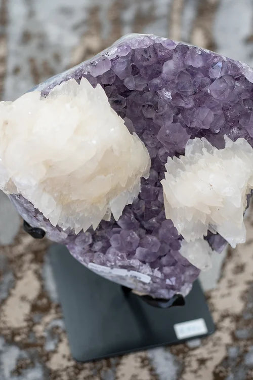 Amethyst and Calcite Specimen on Stand .
