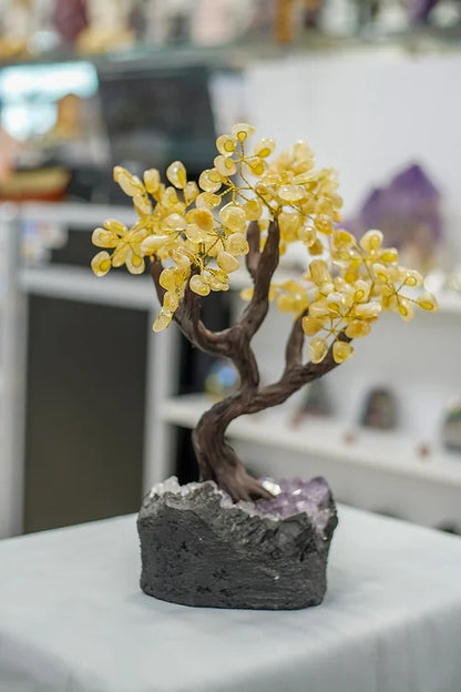 Handmade  Citrine Gemstone Tree w/ Amethyst Cluster base, 14" tall, 36 branches ( Free Shipping )