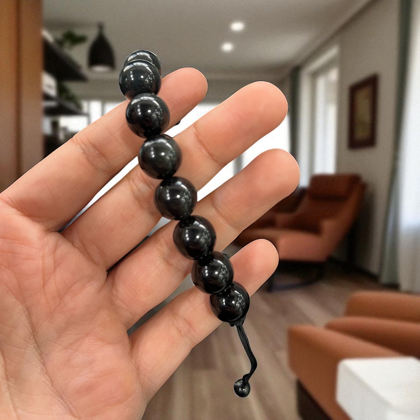 Genuine Black Tourmaline Bracelet 12mm with Adjustable Strings (Free shipping)