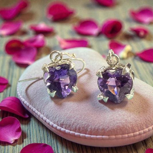 Amethyst heart shaped dandling silver earrings
